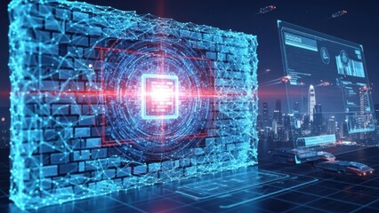 Digital firewall protecting a central processing unit in a futuristic, high-tech city at night with glowing data streams and abstract networks