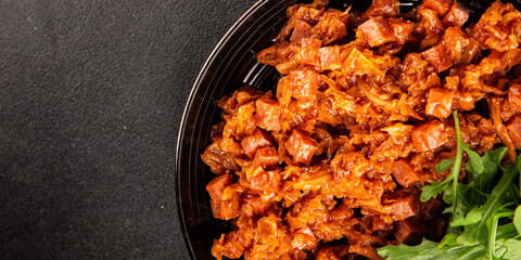 Stewed cabbage with ham cube tomato sauce braised cabbage vegetable healthy food main course ingredient appetizer fresh tasty table setting gourmet food background on the table rustic food  