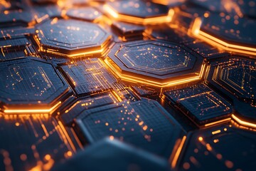 High-tech close-up of interconnected hexagons with a digital glow, resembling a hive mind's cognitive network in an abstract, futuristic setting.