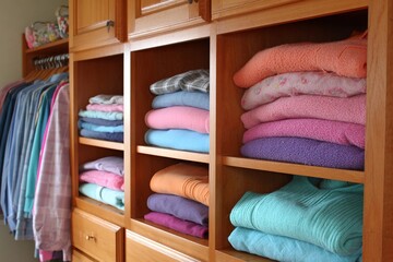 Clothes organized in shelves in a bright room