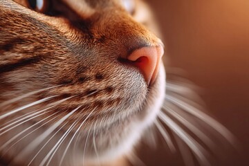 Cat close up showing whiskers and nose in warm light