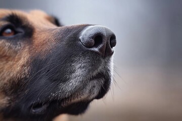 Dog with a focused expression outdoors in soft light