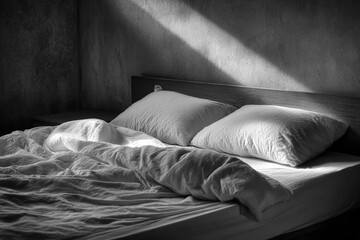 Soft bed with white pillows and blanket in dim light