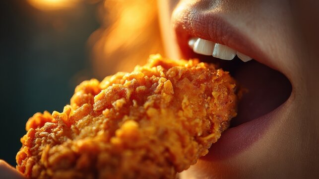 Extreme close-up of a person's lips opening, about to bite into a piece of super crispy golden fried chicken. Tension and anticipation. Warm, dramatic lighting focusing on the mouth and food. Shallow 