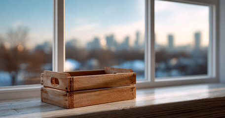 Obraz premium Empty rustic wooden crate placed on windowsill with blurred cityscape background during sunset light
