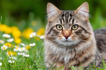 Obraz premium Tabby cat resting in spring meadow with flowers