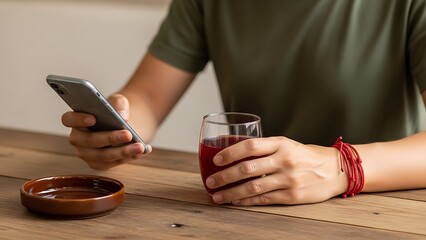 Person enjoying drink while using smartphone