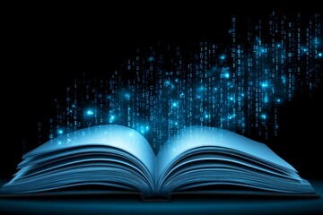 Open book with digital symbols floating above it