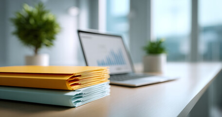 Close-up of colorful folders stacked on desk with blurred laptop and plants in modern workspace environment