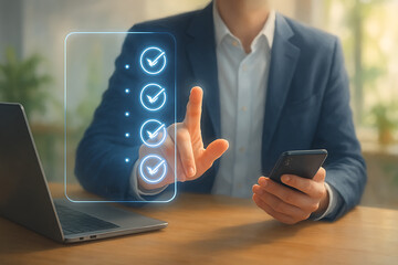 Businessman using digital checklist interface with smartphone and laptop at desk