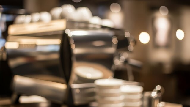 Blurred background of a coffee shop interior with warm bokeh lights and shiny equipment