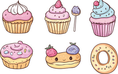 Cute cartoon vector illustration of a seamless pattern set featuring sweet chocolate and pink strawberry cupcakes and birthday cakes decorated with cream, cherries, and candy for a bakery party celebr
