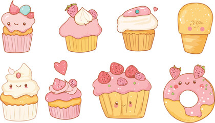 Cute vector illustration set of sweet cartoon cupcakes and chocolate cakes with pink cream, strawberry, and cherry decorations for a seamless birthday bakery pattern celebration