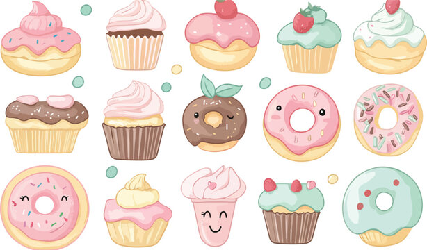 Set of cute cartoon cakes and delicious chocolate cupcakes featuring pink cream and strawberry decorations in a seamless vector illustration for a sweet birthday bakery pattern