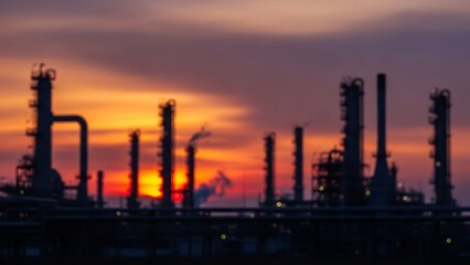 Fototapeta premium Industrial refinery silhouette at sunset with blurred background