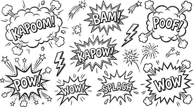 Comic Style Hand Drawn Sound Effect Words Explosion Speech Bubbles Set Featuring Kapow Bam Pow Wow Splash Pop Art Doodle Illustration For Creative Design Vector