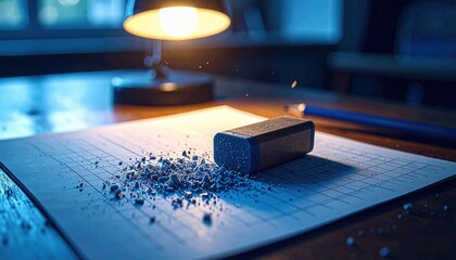 Close-up of a worn eraser with pencil lead fragments on a math worksheet, illuminated by a warm desk lamp.