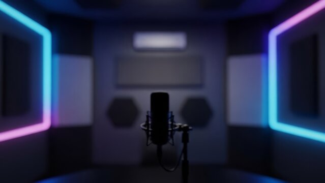 Professional microphone in a modern dark recording studio with neon lights blurred background