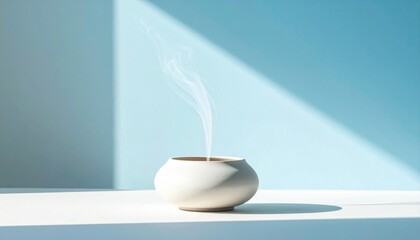 Handcrafted Ceramic Incense Burner Releasing Delicate Wisps of Fragrant Smoke Against a Soft Blue Background with Subtle Shadows