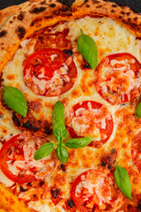 Pizza tomato margarita fast food natural product tasty snack fresh delicious gourmet food background on the table rustic top view copy space