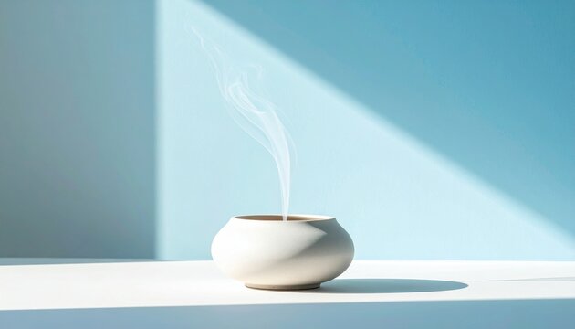 Handcrafted Ceramic Incense Burner Releasing Delicate Wisps of Fragrant Smoke Against a Soft Blue Background with Subtle Shadows - Powered by Adobe