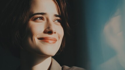 Woman smiles near a window while sunlight shines on her face and brown hair
