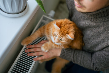 Man and a fluffy ginger cat sharing warmth by a domestic radiator, creating a cozy and economical...