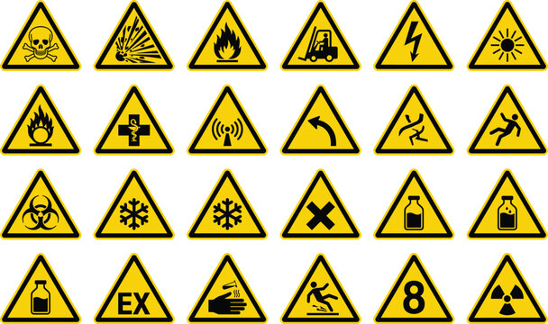 Industrial Safety Warning Signs Set Featuring Hazard Symbols Chemical Electrical Fire Radiation Biohazard And Workplace Risk Icons For Construction Factory Health And Safety Design