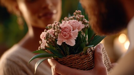 A man presents a woman with a bouquet of bright flowers, dramatic black background, strong emphasis on the colorful bouquet, faces partially hidden or out of focus, elegant minimalist composition