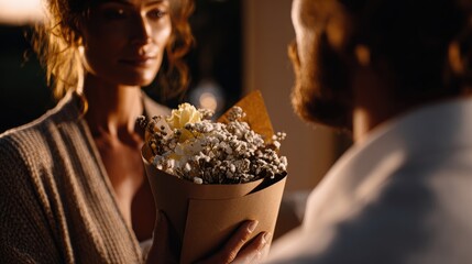 A man presents a woman with a bouquet of bright flowers, dramatic black background, strong emphasis on the colorful bouquet, faces partially hidden or out of focus, elegant minimalist composition
