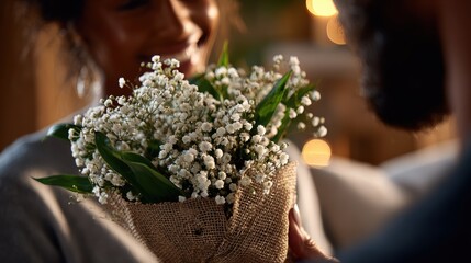 A man presents a woman with a bouquet of bright flowers, dramatic black background, strong emphasis on the colorful bouquet, faces partially hidden or out of focus, elegant minimalist composition