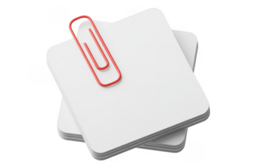 Stack of white index cards with red paperclip isolated on a transparent background