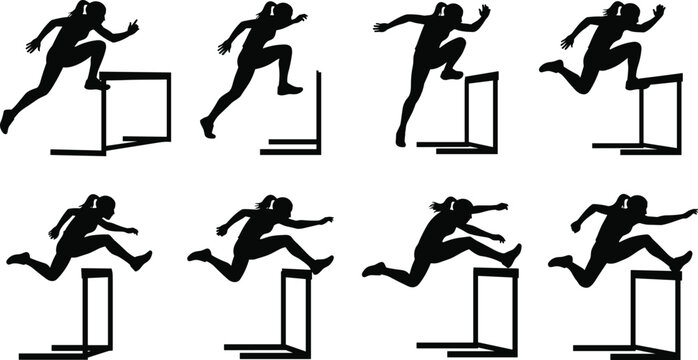 Sequence of hurdle jump silhouettes showing athletic motion and technique for sports training, fitness design, and motion analysis