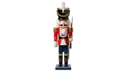 Nutcracker soldier toy in red and blue uniform with white hat