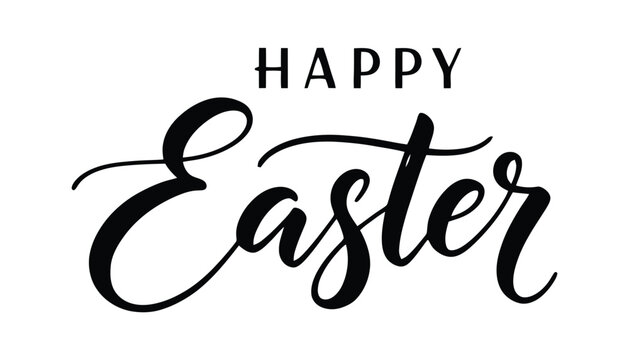 Easter greeting card with happy easter text in black calligraphy on white background