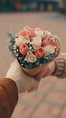 A man presents a woman with a bouquet of bright flowers, dramatic black background, strong emphasis on the colorful bouquet, faces partially hidden or out of focus, elegant minimalist composition