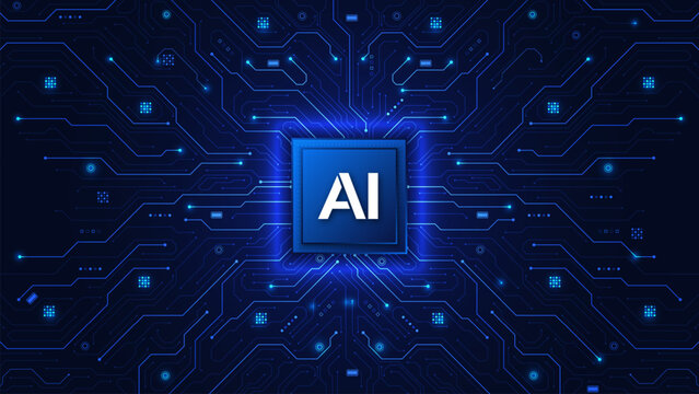 Concept of artificial intelligence. AI semiconductor on a circuit board  and electronic elements background. Machine learning and innovation. Quantum semiconductor. Vector illustration.