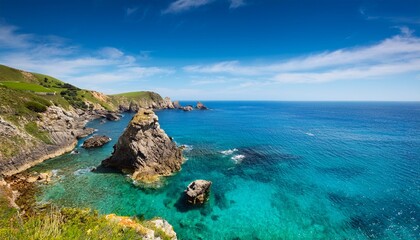 Fototapeta premium Stunning Coastal Landscape With Turquoise Water And Rocky Cliffs Under Blue Sky