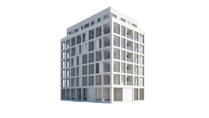 White multi-story building with grid windows against black background