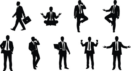 Silhouette Set of Businessmen in Suits Performing Yoga, Work, and Success Poses Vector Illustration