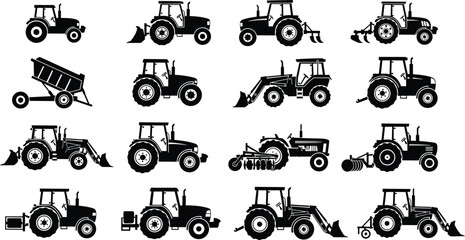 Silhouette Set of Farming Tractors and Agricultural Machines with Implements for Plowing, Seeding, Harvesting, and Rural Field Work © Amina