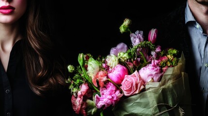 A man presents a woman with a bouquet of bright flowers, dramatic black background, strong emphasis on the colorful bouquet, faces partially hidden or out of focus, elegant minimalist composition