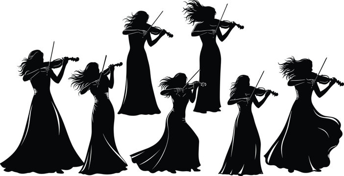 Silhouette set of female violinists playing music in long gowns vector illustration isolated on white background.