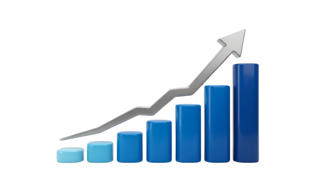 Blue and light blue bar graph with upward arrow on black background - Powered by Adobe