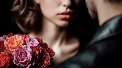A man presents a woman with a bouquet of bright flowers, dramatic black background, strong emphasis on the colorful bouquet, faces partially hidden or out of focus, elegant minimalist composition