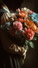 A man presents a woman with a bouquet of bright flowers, dramatic black background, strong emphasis on the colorful bouquet, faces partially hidden or out of focus, elegant minimalist composition