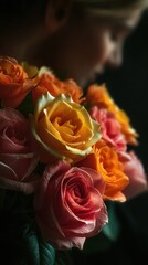 A man presents a woman with a bouquet of bright flowers, dramatic black background, strong emphasis on the colorful bouquet, faces partially hidden or out of focus, elegant minimalist composition