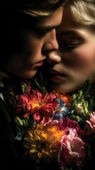 A man presents a woman with a bouquet of bright flowers, dramatic black background, strong emphasis on the colorful bouquet, faces partially hidden or out of focus, elegant minimalist composition