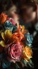 A man presents a woman with a bouquet of bright flowers, dramatic black background, strong emphasis on the colorful bouquet, faces partially hidden or out of focus, elegant minimalist composition