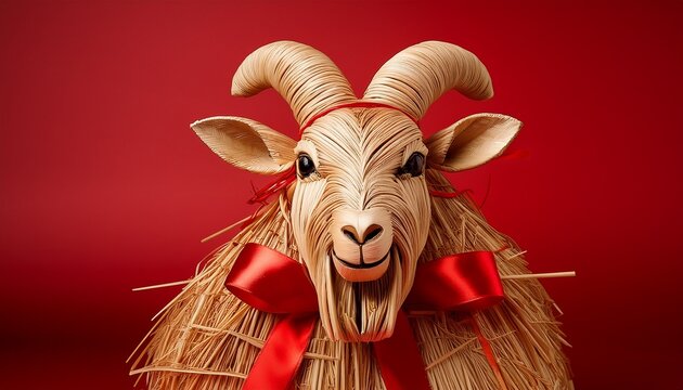 Straw Goat Sculpture A Straw Goat Sculpture With Red Ribbons Against A Red Backdrop